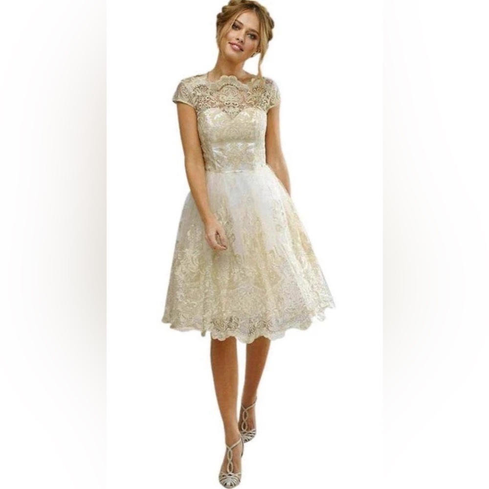 Chi Chi London Frances Gold Lace Dress US 4 Fit Flare Prom Wedding Cocktail NWT